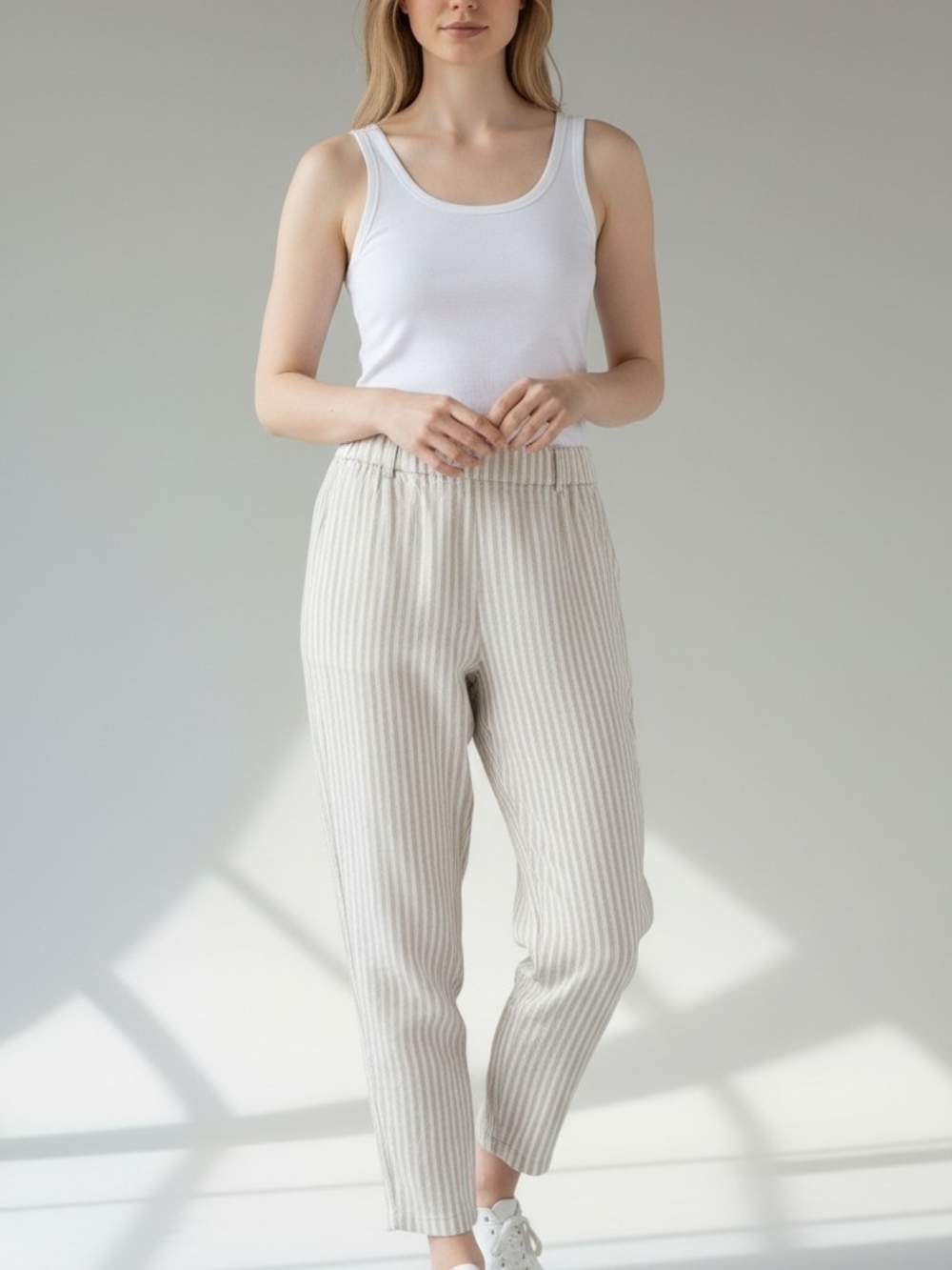 NIC+ZOE Cream Striped Elastic-Waist Ankle Pants